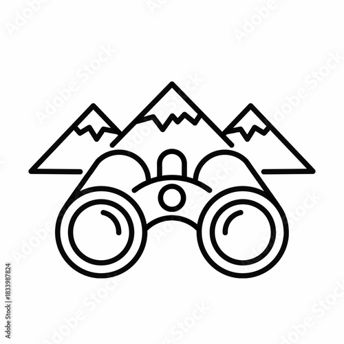 Binoculars and mountains adventure line icon