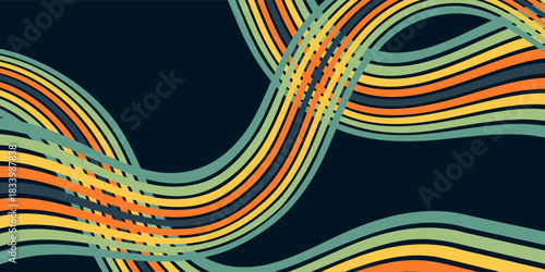 Abstract colorful 70s background vector. Vintage retro wallpaper with rainbow stripes and wavy lines. A 1970 color illustration suitable for posters, banners, modern