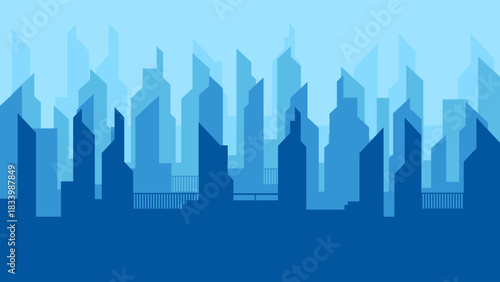 Minimal blue cityscape silhouette with layered buildings, creating a clean urban background ideal for design and presentations
