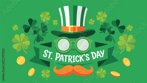 Festive St. Patrick's Day Illustration with Hat, Glasses, Shamrock, Coins, and Mustache on a Vibrant Green Background for Celebratory Designs