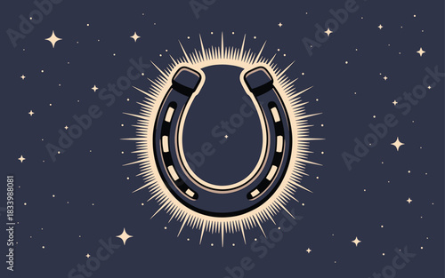 Lucky Horseshoe Graphic: Celestial Night Sky with Sparkling Stars and Glowing Horseshoe, Perfect for Western, Vintage, or Spiritual Themes with Positive Energy.