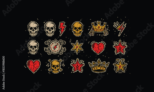 Halloween skull and crossbones illustration on black background with decorative elements