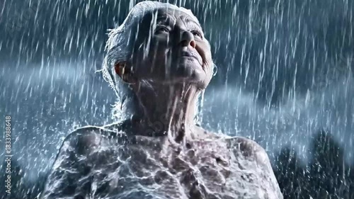 A woman made entirely of water standing in heavy rain, her face calm as ripples travel through her body.