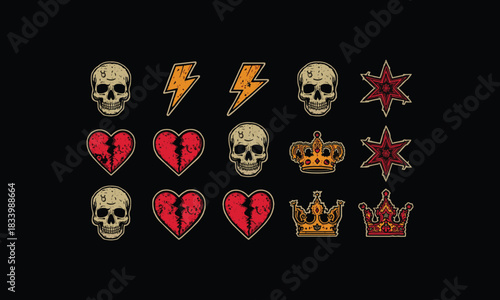 Halloween icons and spooky skulls illustration set