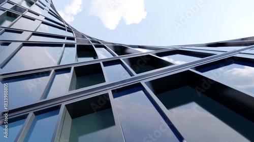 3d rendering of business modern architecture, Skyscraper corporate office building with glass window and curved steel frame