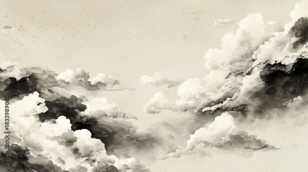 Fototapeta premium 水墨画風の雲海と山並みの和風背景素材