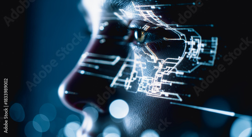 A futuristic vision of innovation and technology, where the human eye is integrated with advanced circuitry, symbolizing the boundless potential of human ingenuity and technological advancement. 