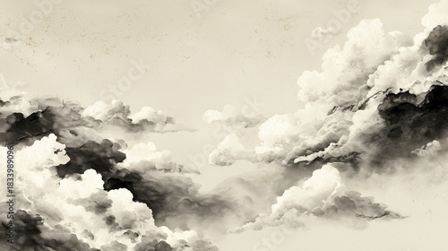 水墨画風の雲海と山並みの和風背景素材