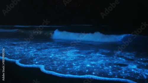 Bioluminescent Waves Glowing Blue on a Dark Beach Under a Starry Night Sky bioluminescence