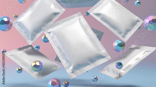 Levitating Cosmetic Sachet Mockups with Iridescent Spheres.