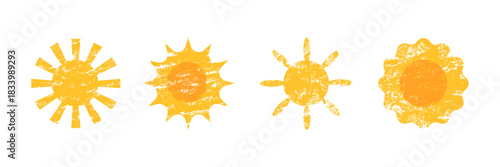 Сrayon sun icons with playful chalk texture. Cute children’s style suns in warm colors, rough grainy strokes and vintage crayon effect. Perfect for kids design, stickers and summer artwork.