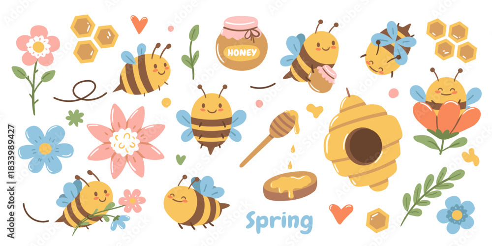 Obraz premium Cute cheerful honey bees in different activities flying, gathering nectar, caring for honeycombs, and visiting flowers. A playful kawaii set inspired by beekeeping, featuring sweet natural honey and b