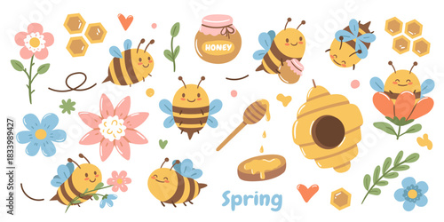 Cute cheerful honey bees in different activities flying, gathering nectar, caring for honeycombs, and visiting flowers. A playful kawaii set inspired by beekeeping, featuring sweet natural honey and b