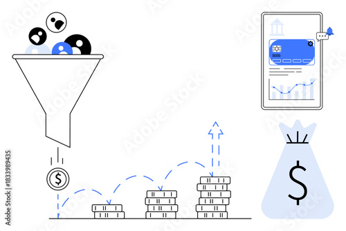 Sales funnel converting users into revenue with stacked coins and financial growth. Ideal for marketing strategies, business analytics, lead generation, e-commerce, finance, ROI, investment
