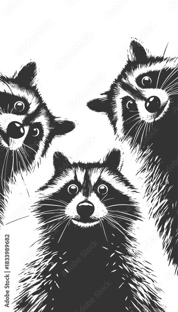 Fototapeta premium three raccoons peering downward with wide-eyed expressions, ideal for humor or wildlife themes sketch engraving generative ai vector illustration. Scratch board imitation. Black and white image.