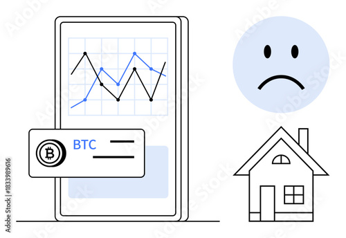 Cryptocurrency market loss theme. Visualization of Bitcoin graph and a sad face reflecting loss. Includes a house icon for conceptualizing financial decline in housing investments. Ideal for fintech