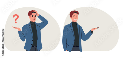 Young businessman thought about it and came up with an idea. Flat style cartoon vector illustration.