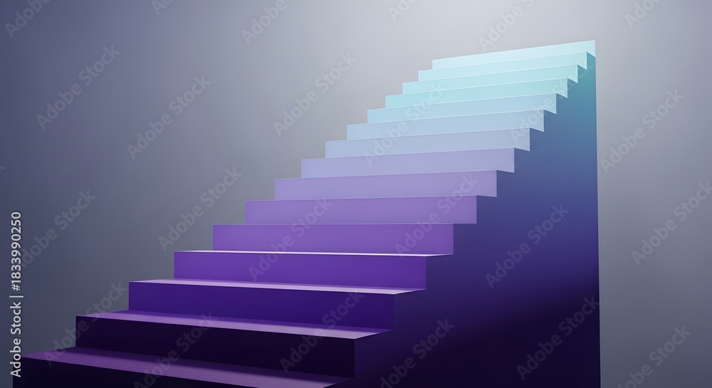 Obraz premium A set of purple stairs ascending upward into a bright, gradient light against a gray background, symbolizing progress or achievement.