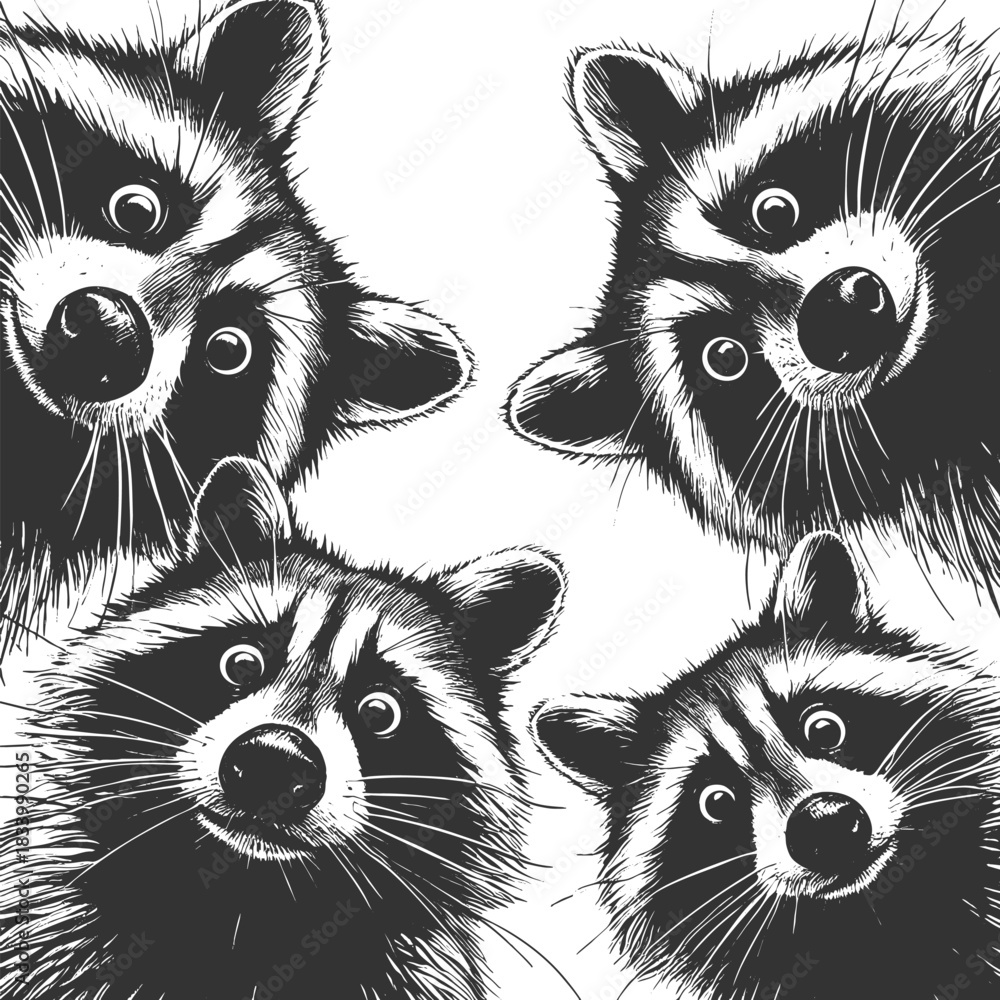 Naklejka premium Four raccoons peering downward with wide-eyed expressions, ideal for humor or wildlife themes sketch engraving generative ai vector illustration. Scratch board imitation. Black and white image.