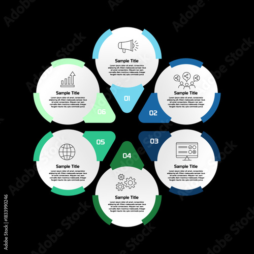 6 point modern, simple circle infographic with business icon vectors for presentation templates. 6 option infographic.