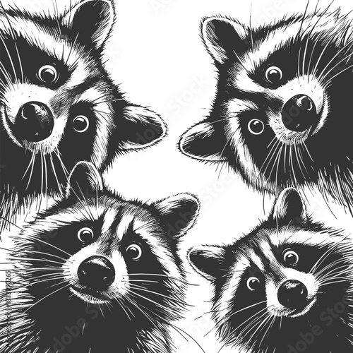 Four raccoons peering downward with wide-eyed expressions, ideal for humor or wildlife themes sketch engraving generative ai vector illustration. Scratch board imitation. Black and white image.