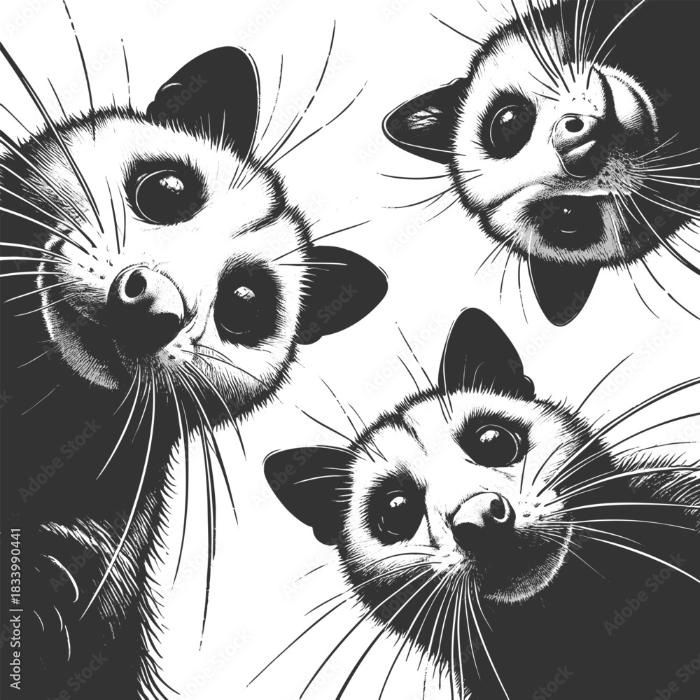 Fototapeta premium wide-eyed opossums peering downward in a circle, with expressive faces and whiskers sketch engraving generative ai vector illustration. Scratch board imitation. Black and white image.
