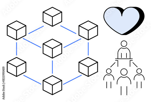 Blockchain, digital relationships, distributed networks, teamwork, community, technologies. Diagram of interconnected blocks, heart icon and leadership structure. Blockchain and digital