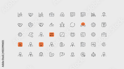 Business and Teamwork Icons Featuring Handshakes, Briefcases, and People Icons Keywords: business, teamwork, handshake, cooperation, partnership, meeting, people, man, woman