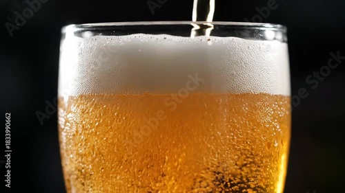 Wallpaper Mural Pouring Golden Beer with Foam into Glass - Close up shot of golden beer being poured into a clear glass, creating foamy head and releasing bubbles. Torontodigital.ca