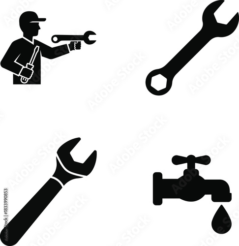 Collection of icons depicting repair tools and plumbing fixtures for professional services