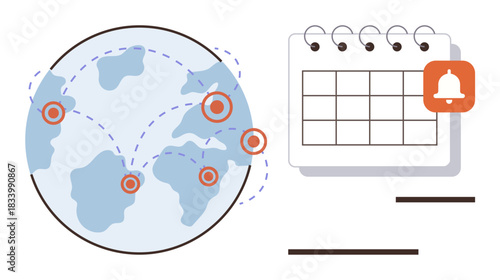 World map with connected points suggesting global links alongside a calendar with a reminder alert. Ideal for international coordination, time management, planning, organization, scheduling