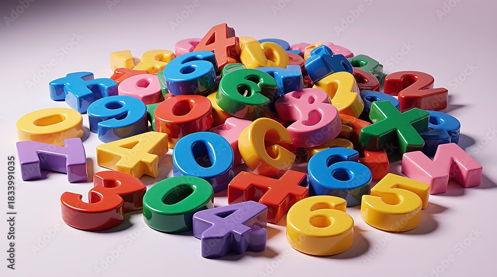 Fototapeta premium 3d plastic numbers scattered randomly, with glossy textures and bright primary and secondary colors, are chunky, smooth, and toy-like, overlapping each other with playful randomness.