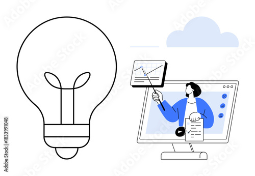Online education. Online education conceptualized with a teacher giving virtual lessons on a monitor, paired with a light bulb ideas. Online education enables global learning, remote teaching