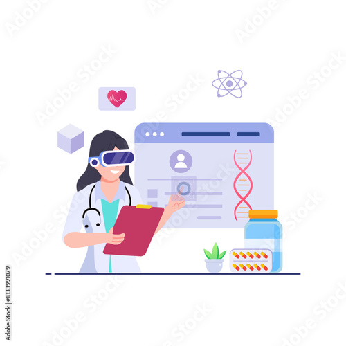 Flat style female doctor using VR headset with technology background cartoon illustration