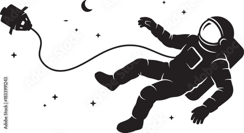 black silhouette of astronaut floating in space on white background, vector