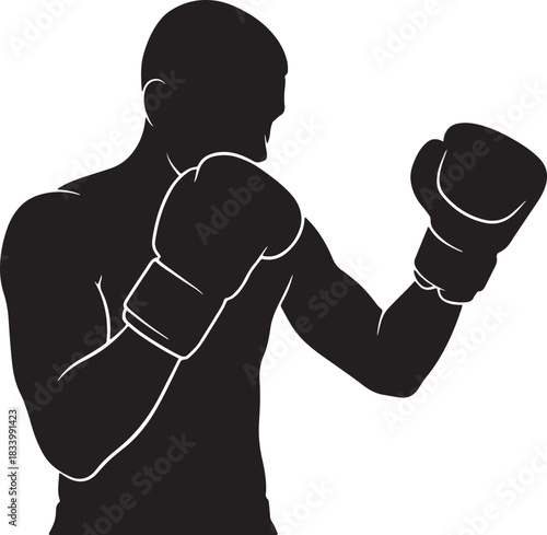 black silhouette of boxing fighter pose on white background, vector