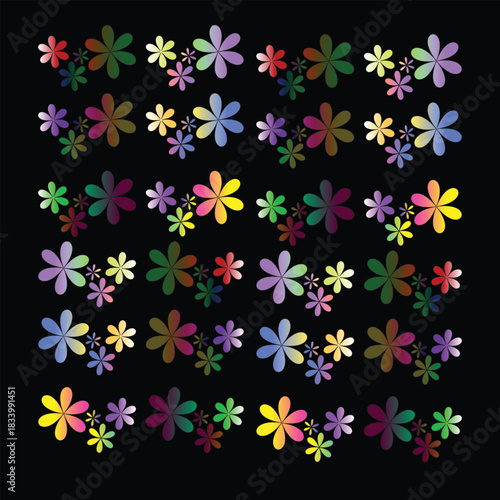 Vibrant floral grid with multicolored petals on black canvas