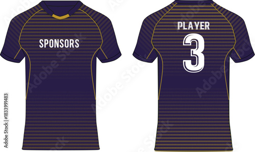Sports t-shirt jersey design vector template, Purple and Gold sports jersey concept with front and back view for Soccer jersey, Cricket jersey, Football jersey concept.