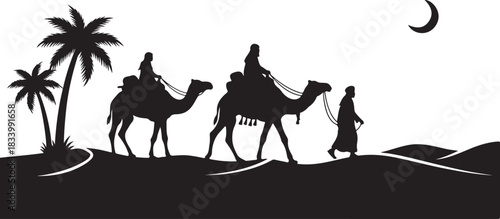 black silhouette of camel caravan on white background, vector