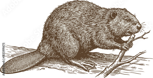 Hand Drawn Beaver with Stick Vector Illustration