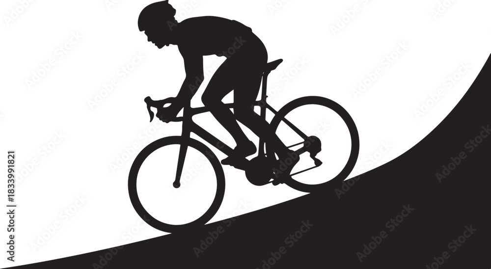 Fototapeta premium black silhouette of cyclist riding uphill on white background, vector