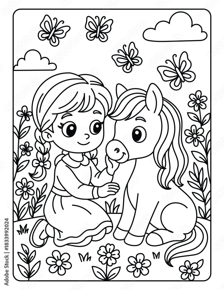 Obraz premium Cute Girl with Pony in Flower Garden – Adorable Kids Coloring Page