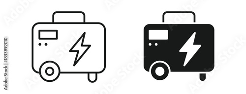 Electric generator icon set in outline and silhouette style, representing portable power supply, emergency electricity, and energy generation, vector illustration.