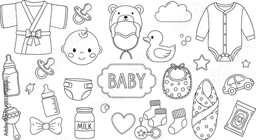 Baby care doodle vector illustration set with newborn clothes toys bottles pacifiers and nursery accessories