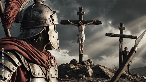 Roman Soldier Witnessing Crucifixion - A Roman soldier stands guard at the foot of Golgotha, watching Jesus Christ on the cross during his crucifixion in ancient times.
