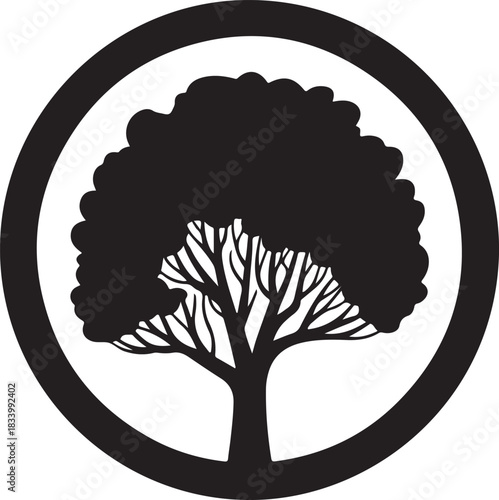 Black vector icon of a mature tree with a full canopy inside a circular frame