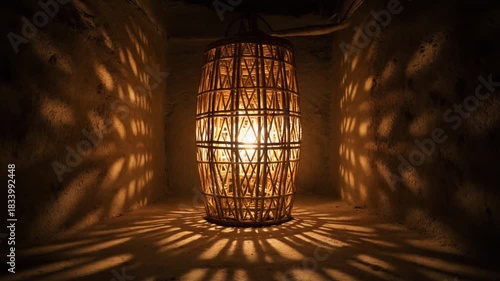 Woven Lantern Casting Intricate Shadows on Textured Walls in a Dark Room (284