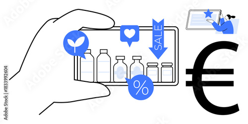 E-commerce, online shopping, digital marketing, product promotions, economic transactions, retail sales. Hand holding a phone displaying products with discount signs. E-commerce and online shopping