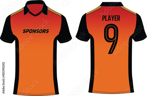 Sports t-shirt jersey design vector template, Orange and Black  sports jersey concept with front and back view for Soccer jersey, Cricket jersey, Football jersey design concept.