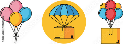 Balloon gift delivery vector illustration set with festive balloons parachute box and party surprise elements